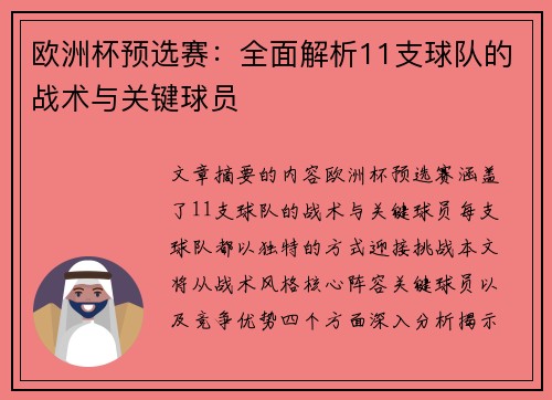 欧洲杯预选赛：全面解析11支球队的战术与关键球员