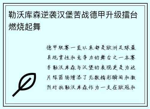 勒沃库森逆袭汉堡苦战德甲升级擂台燃烧起舞
